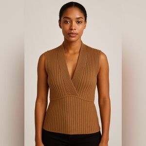 Studio 1940 Sleeveless Ribbed Knit Top XL Brown Deep V-Neck Pullover Casual